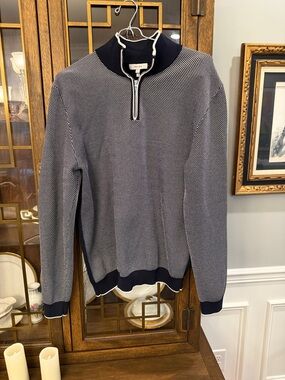 Reiss Men’s Navy and White Textured Half-Zip Sweater